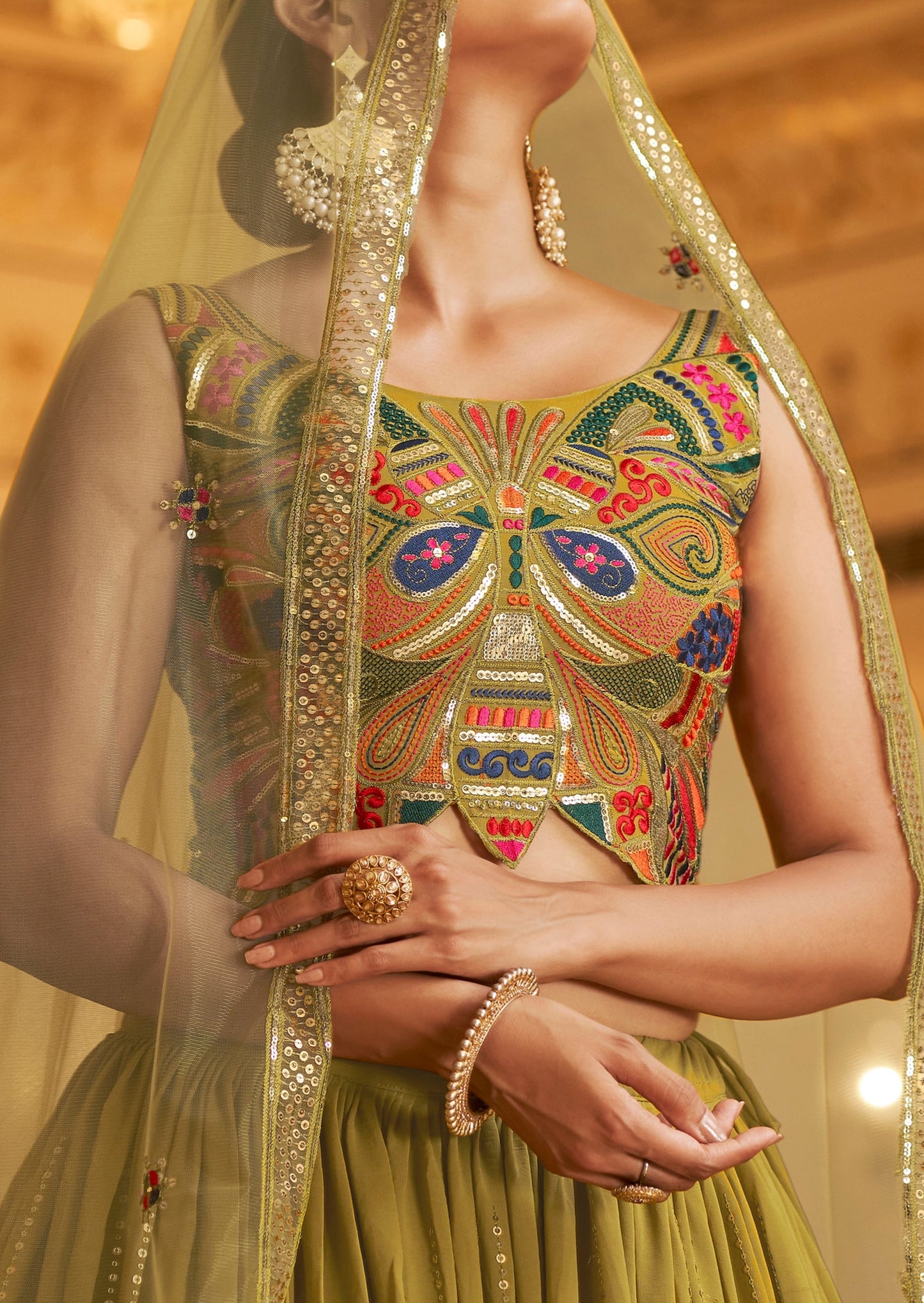 Olive Green Sequins Lehenga Choli with Thread Work
