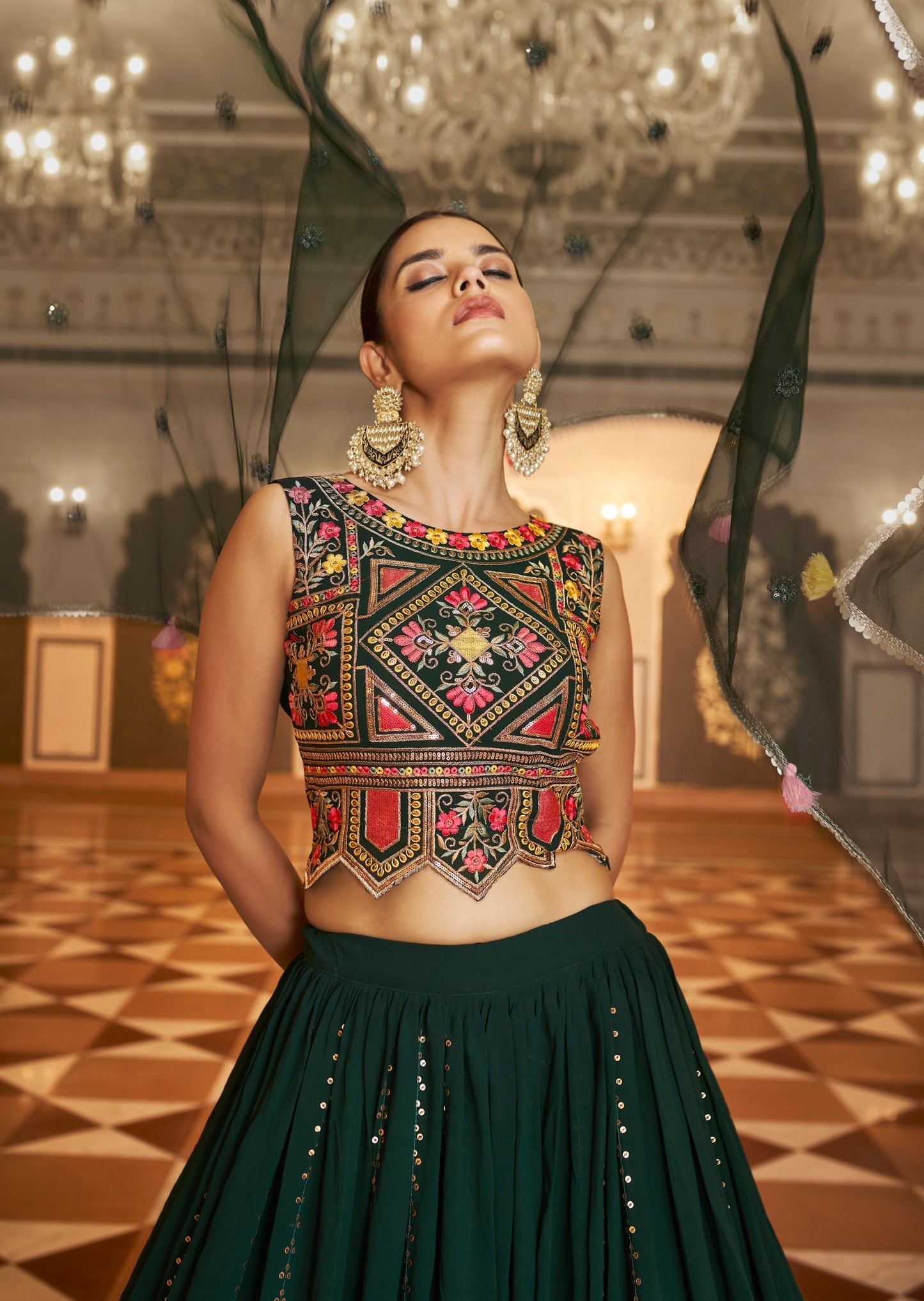 Dark Green Sequins & Thread Work Lehenga Choli
