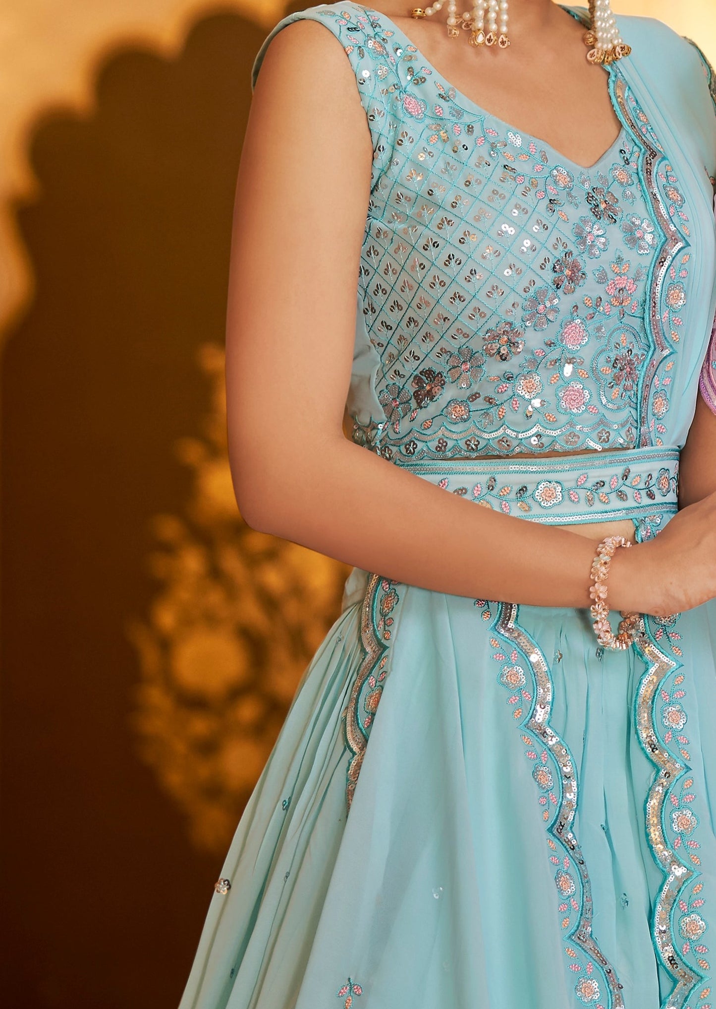 Aqua Blue Sequins Lehenga Choli