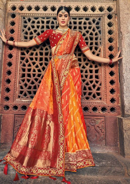 Party Wear Banarasi Silk Orange Saree with Threadwork
