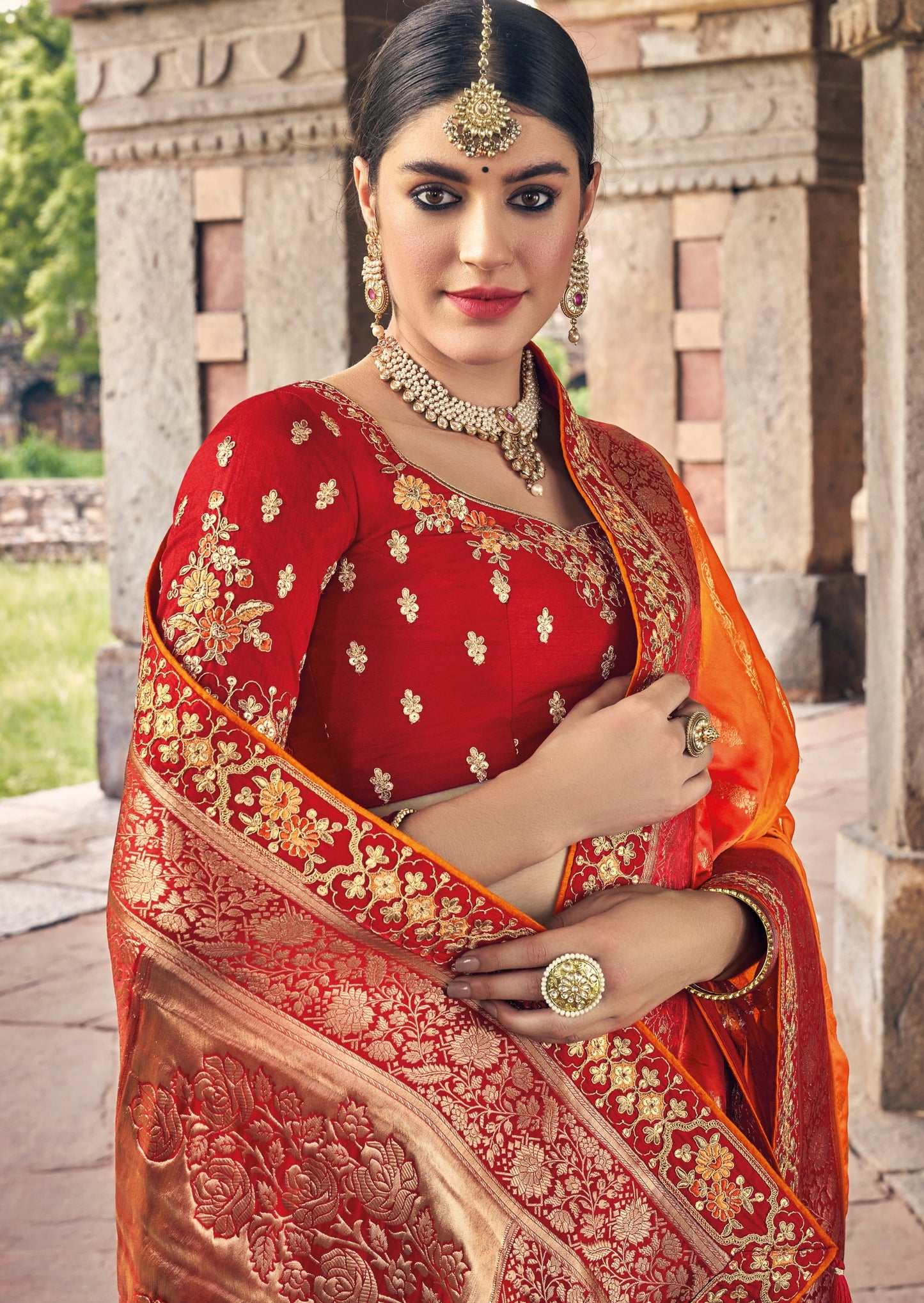 Party Wear Banarasi Silk Orange Saree with Threadwork