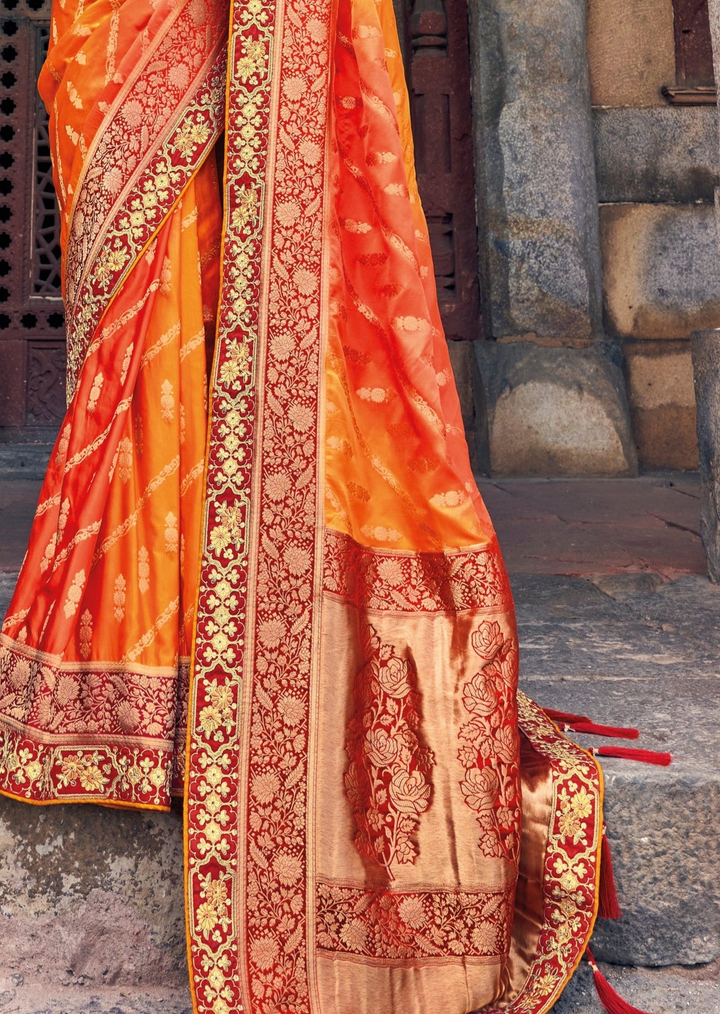 Party Wear Banarasi Silk Orange Saree with Threadwork