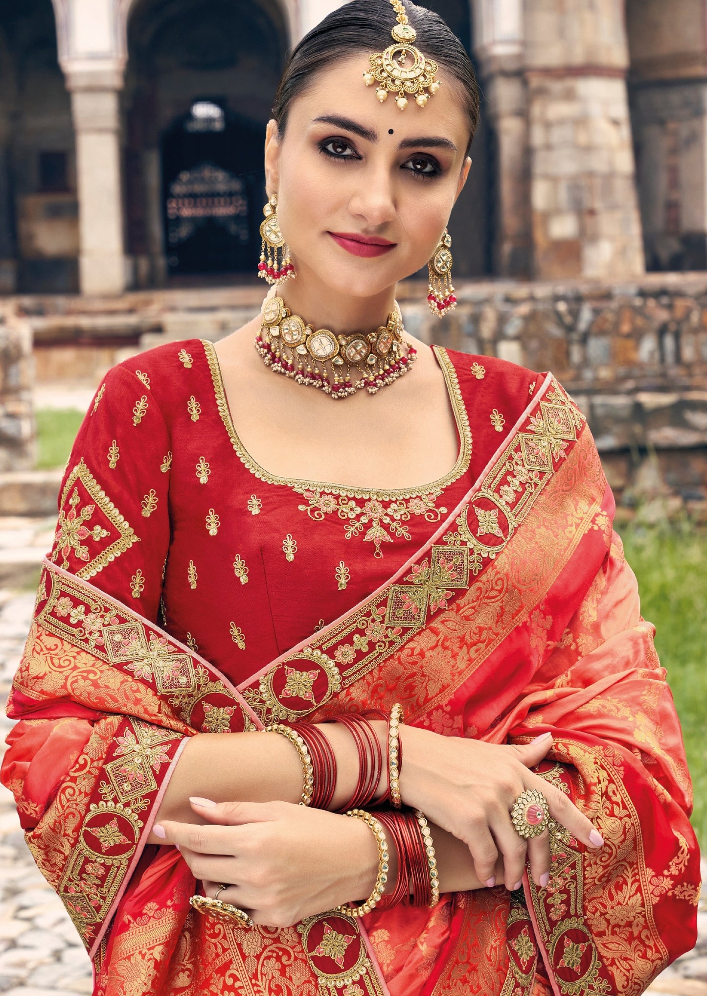 Party Wear Banarasi Silk Dual Tone Red Saree
