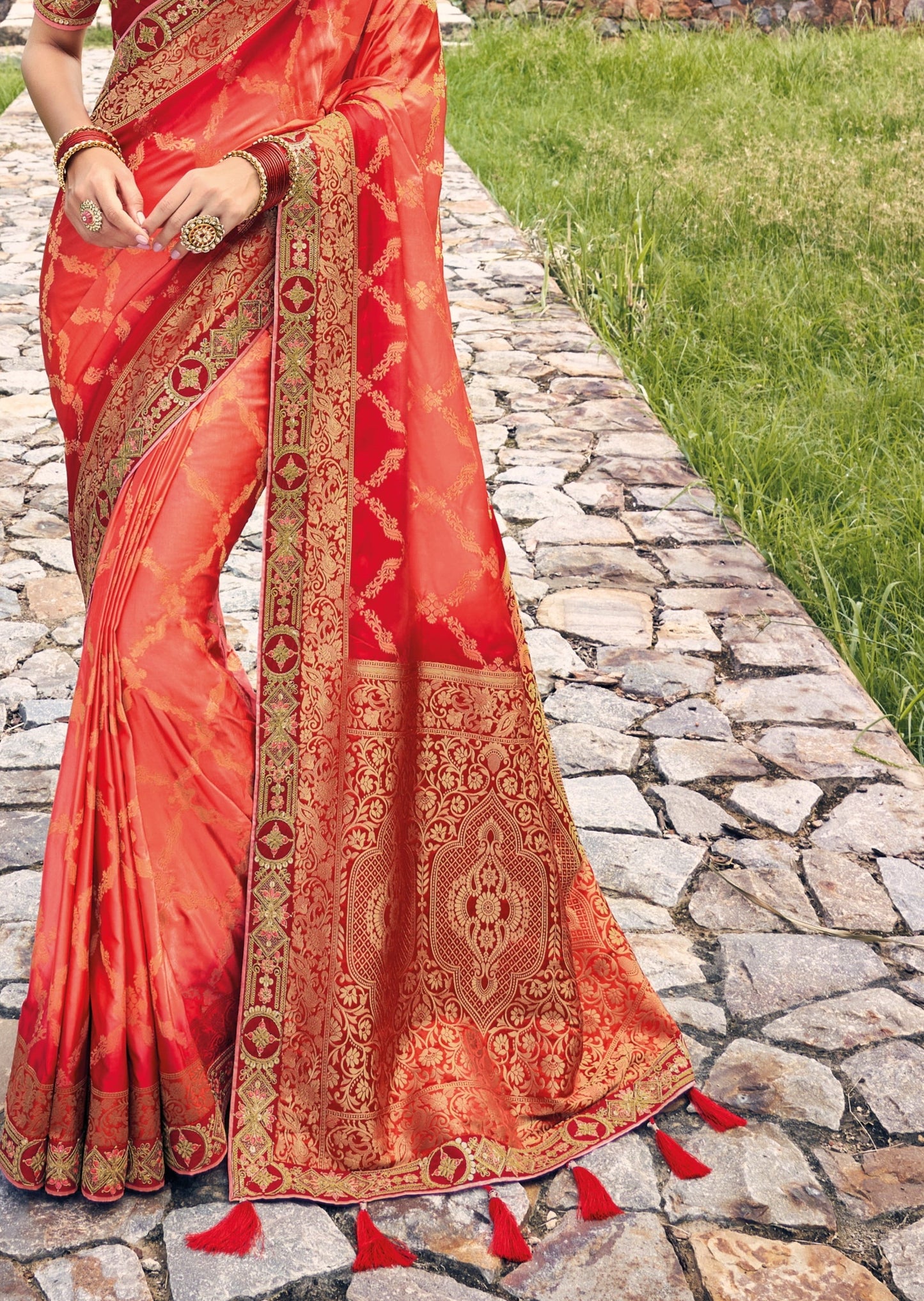 Party Wear Banarasi Silk Dual Tone Red Saree