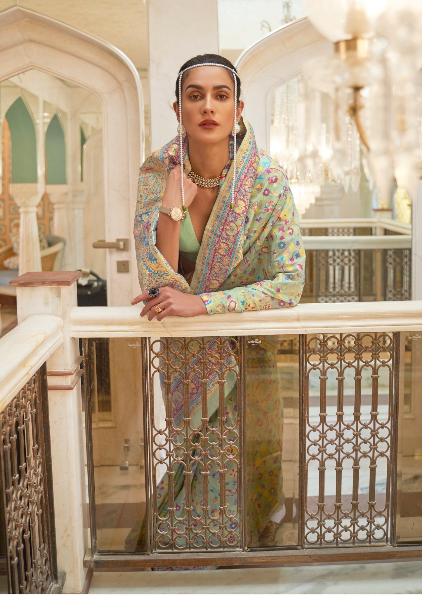 Kashmiri Jamawar Silk Sea Green Handloom Weaving Saree