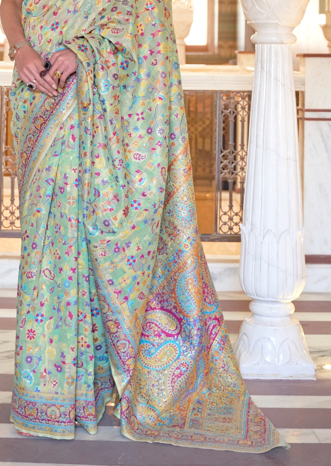 Kashmiri Jamawar Silk Sea Green Handloom Weaving Saree