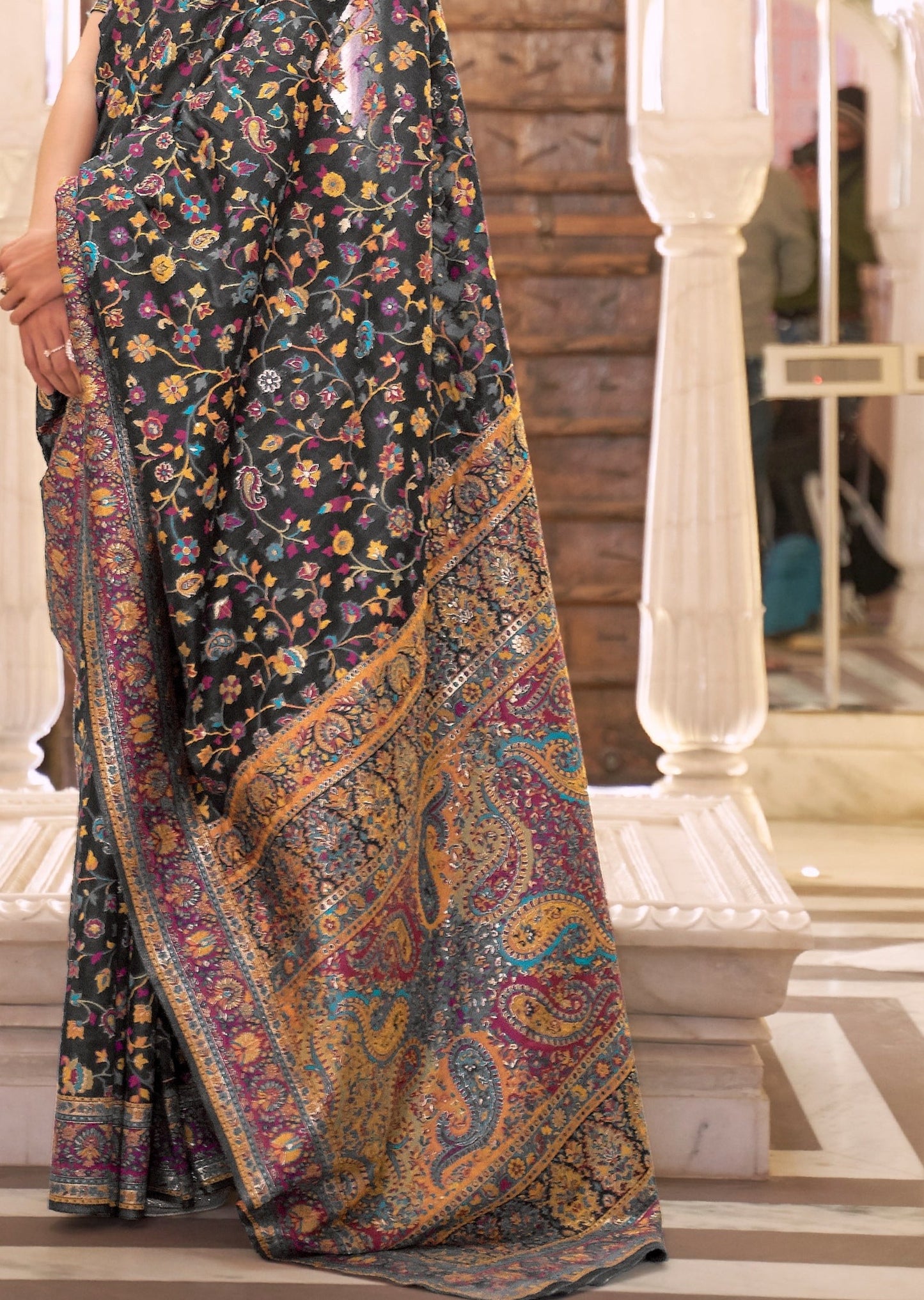 Kashmiri Jamawar Silk Black Pashmina Saree