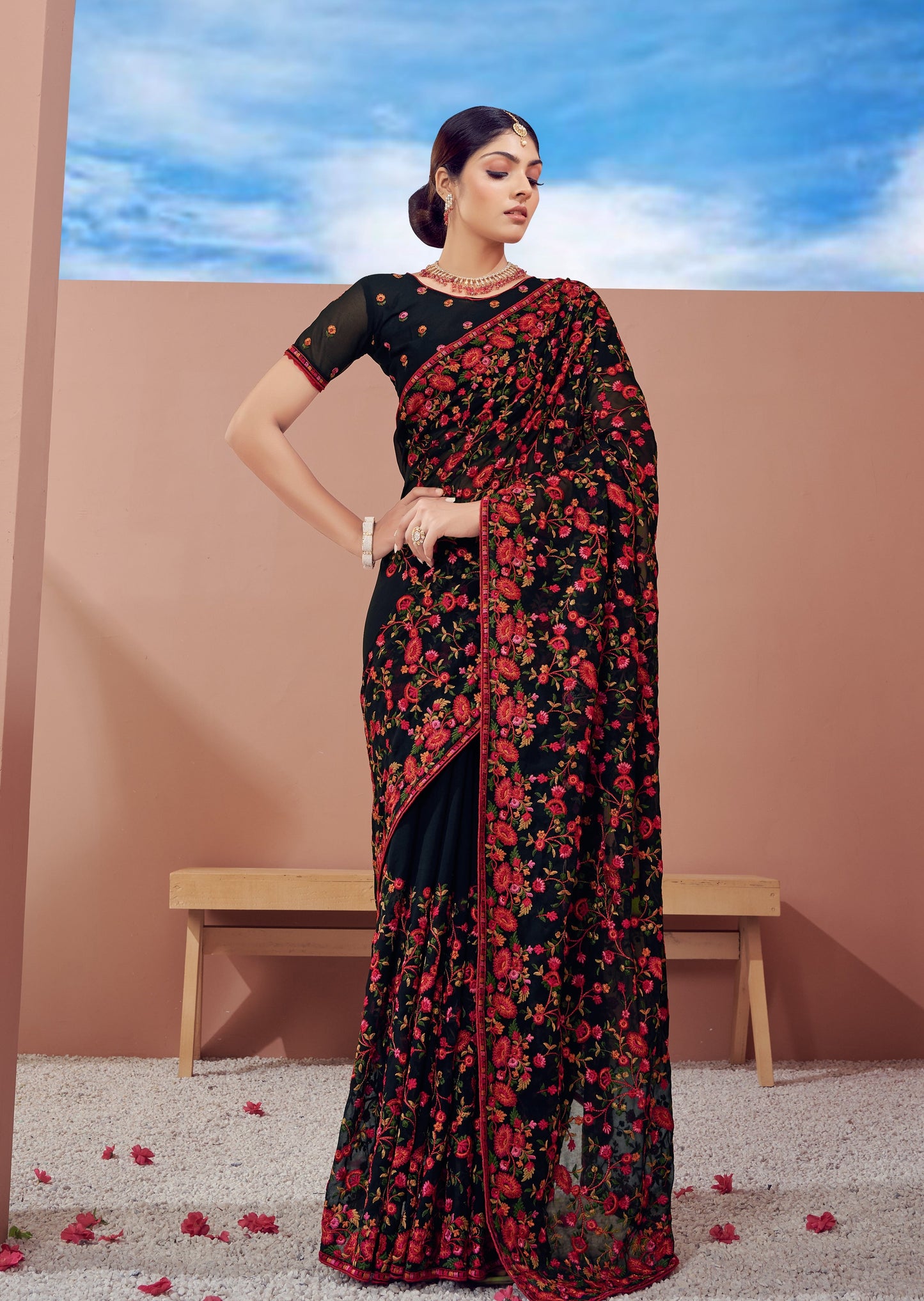 Kashmiri Kali Sozni Embroidery Black Georgette Saree