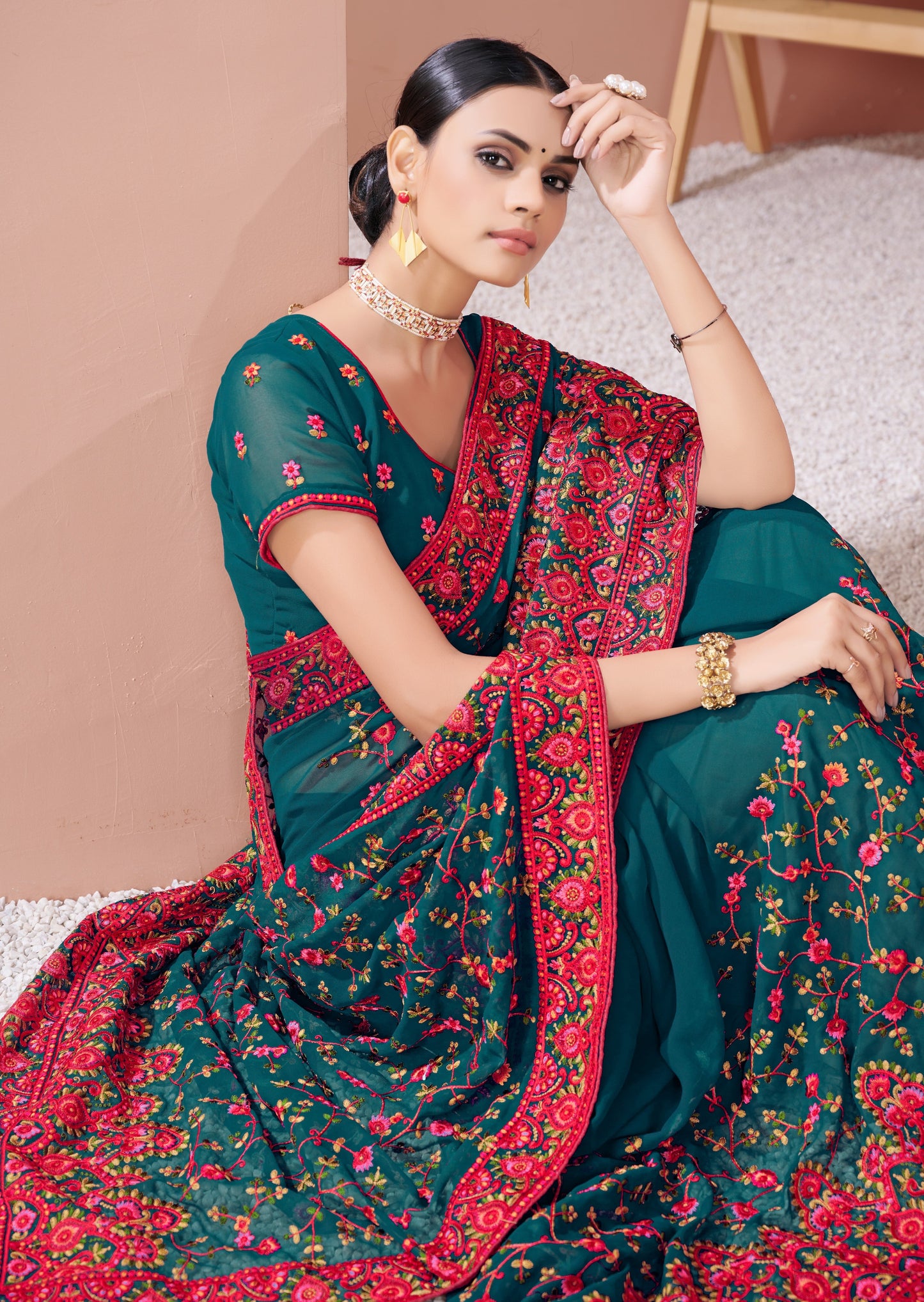 Kashmiri Kali Needle Work Embroidery Teal Georgette Saree
