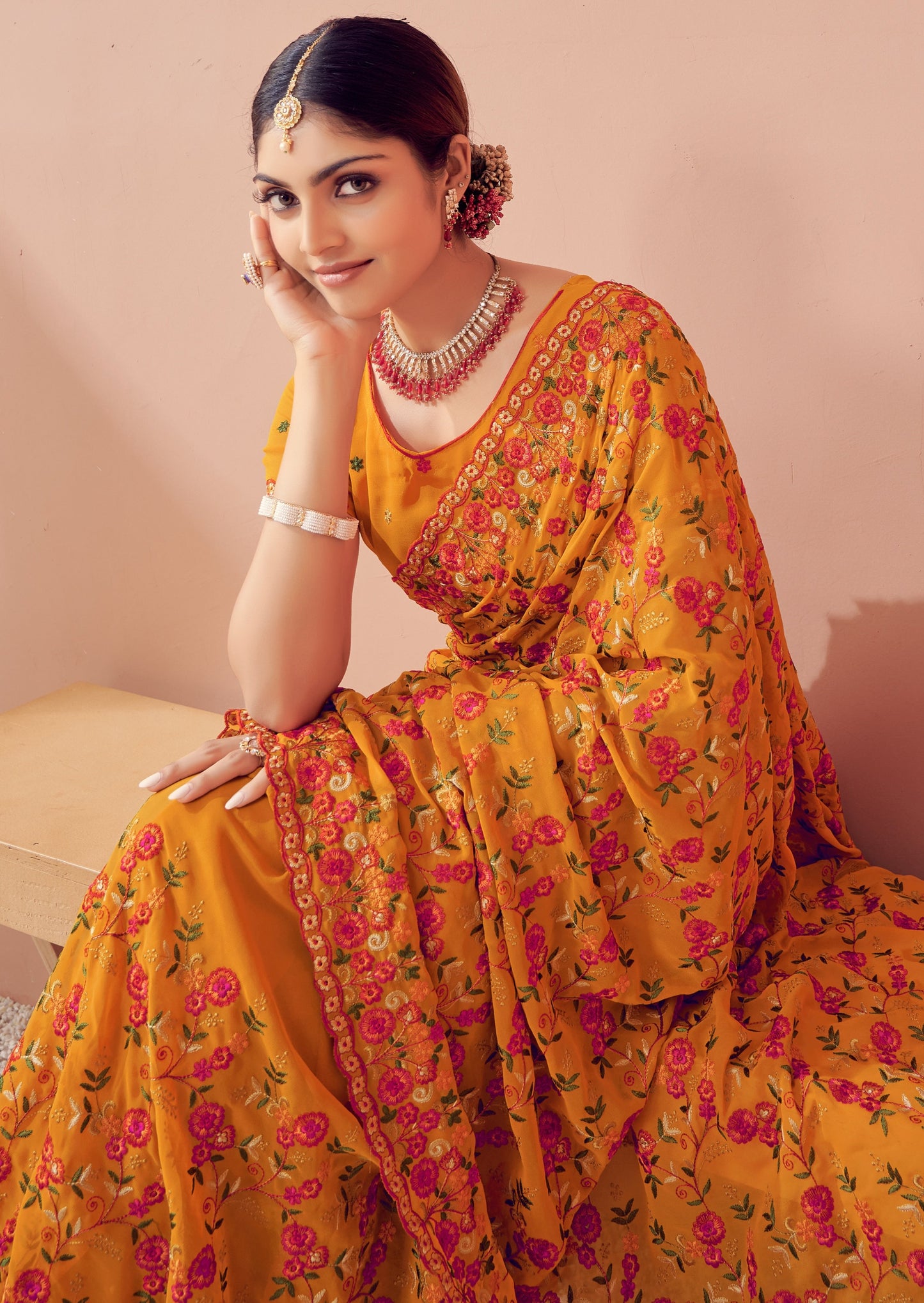 Kashmiri Kali Hand Embroidered Yellow Georgette Saree