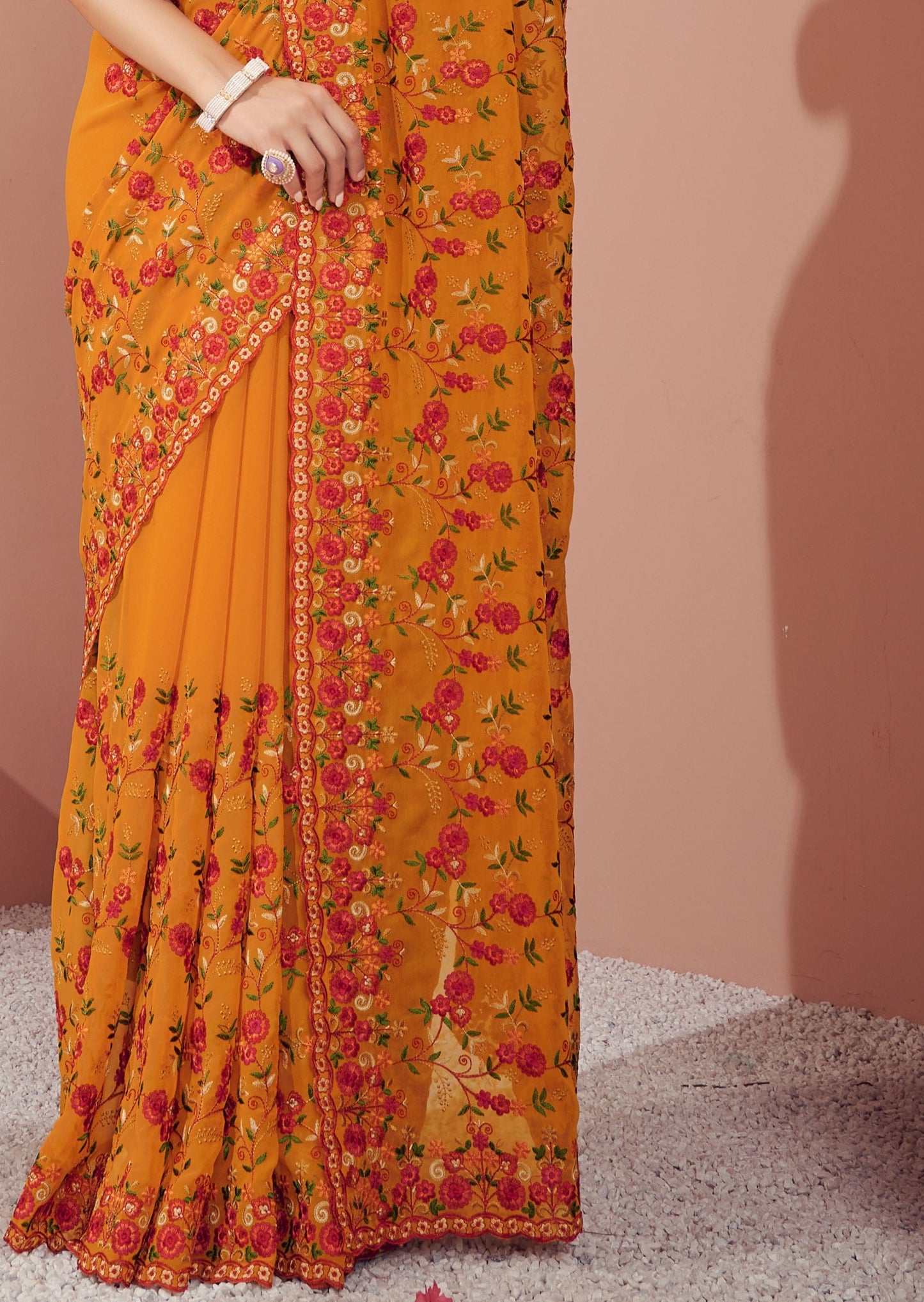 Kashmiri Kali Hand Embroidered Yellow Georgette Saree