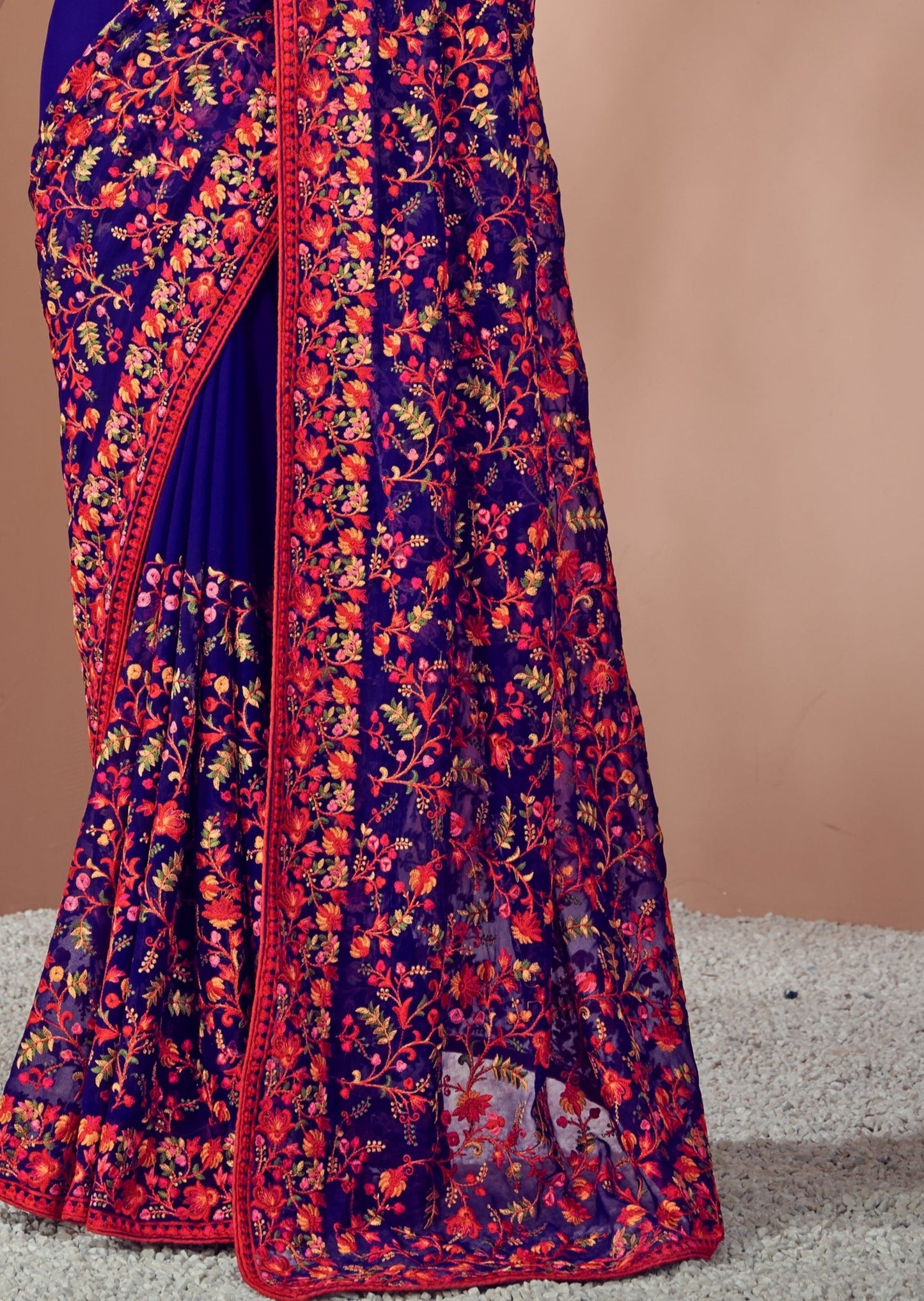 Kashmiri Kali Hand Embroidery Blue Georgette Saree