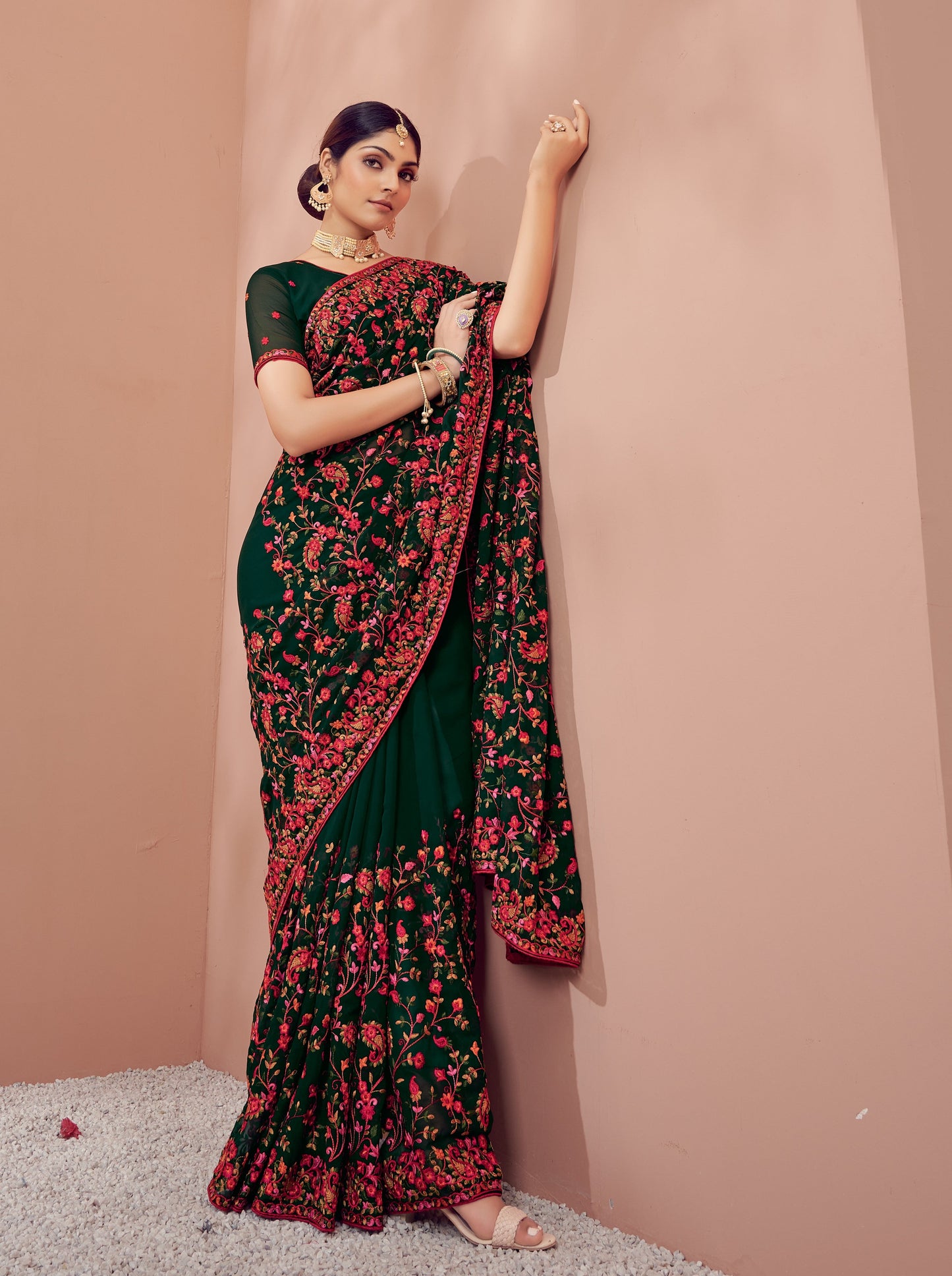 Kashmiri Kali Hand Embroidery Green Georgette Saree