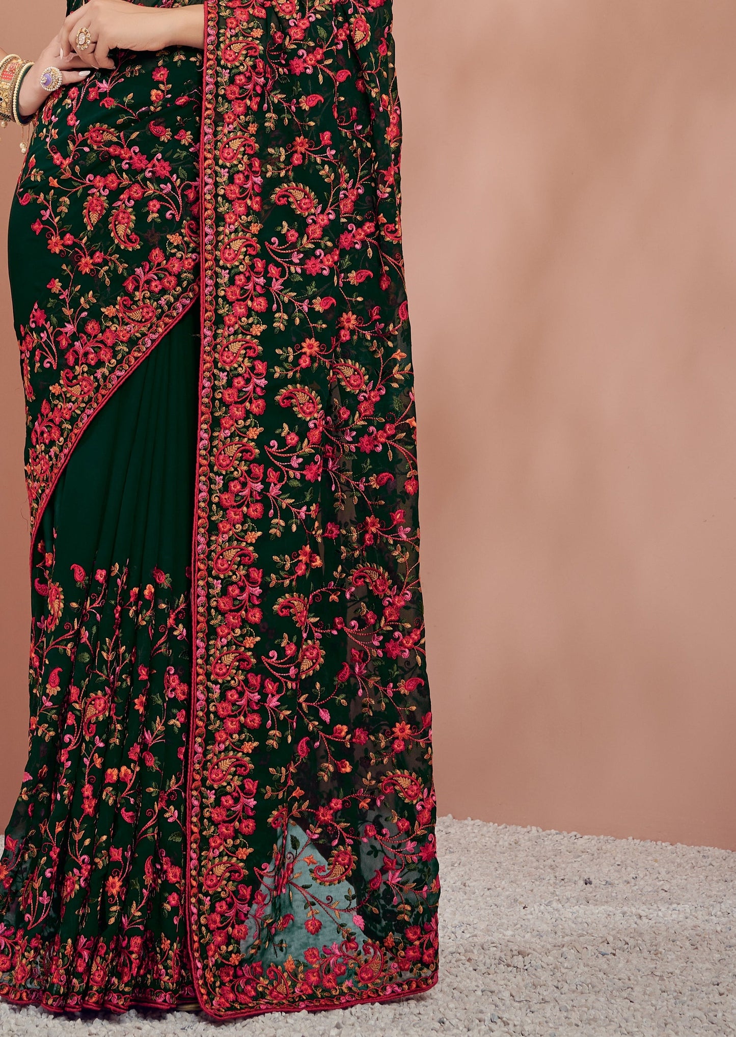 Kashmiri Kali Hand Embroidery Green Georgette Saree