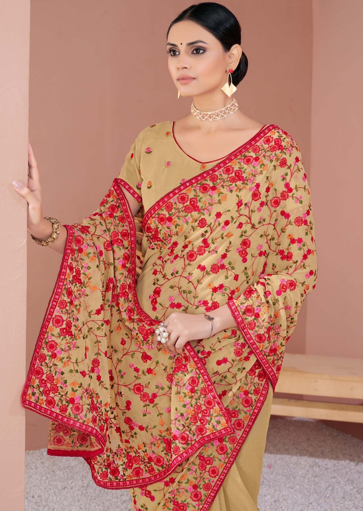Kashmiri Kali Hand Embellished Beige Georgette Saree