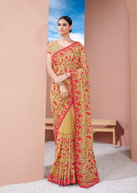 Kashmiri Kali Hand Embellished Beige Georgette Saree