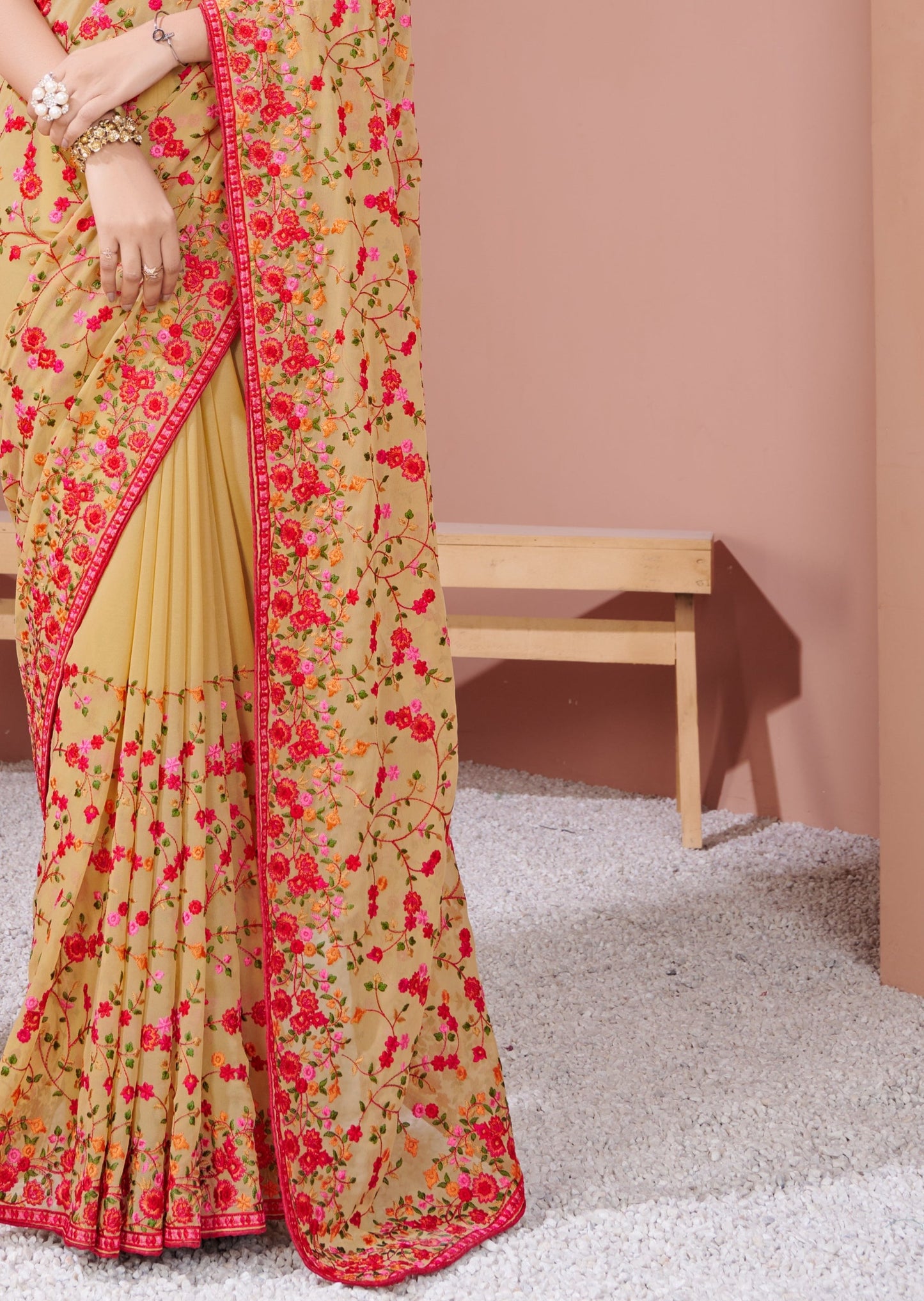 Kashmiri Kali Hand Embellished Beige Georgette Saree