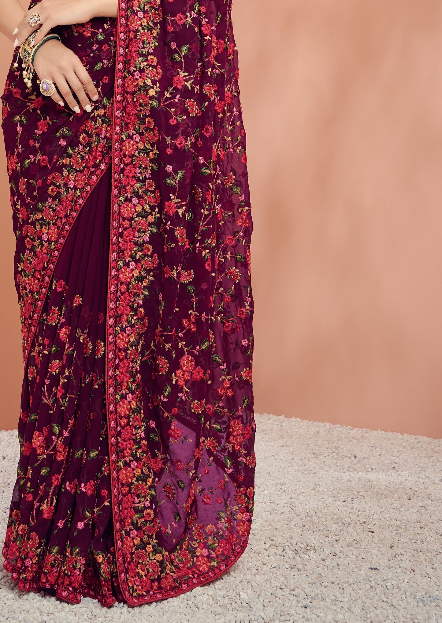 Kashmiri Hand Embroidered Maroon Georgette Saree