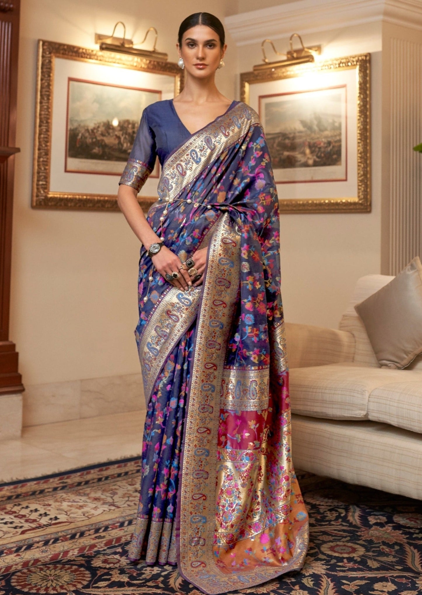 Kashmiri Pashmina Handloom Silk Blue Saree