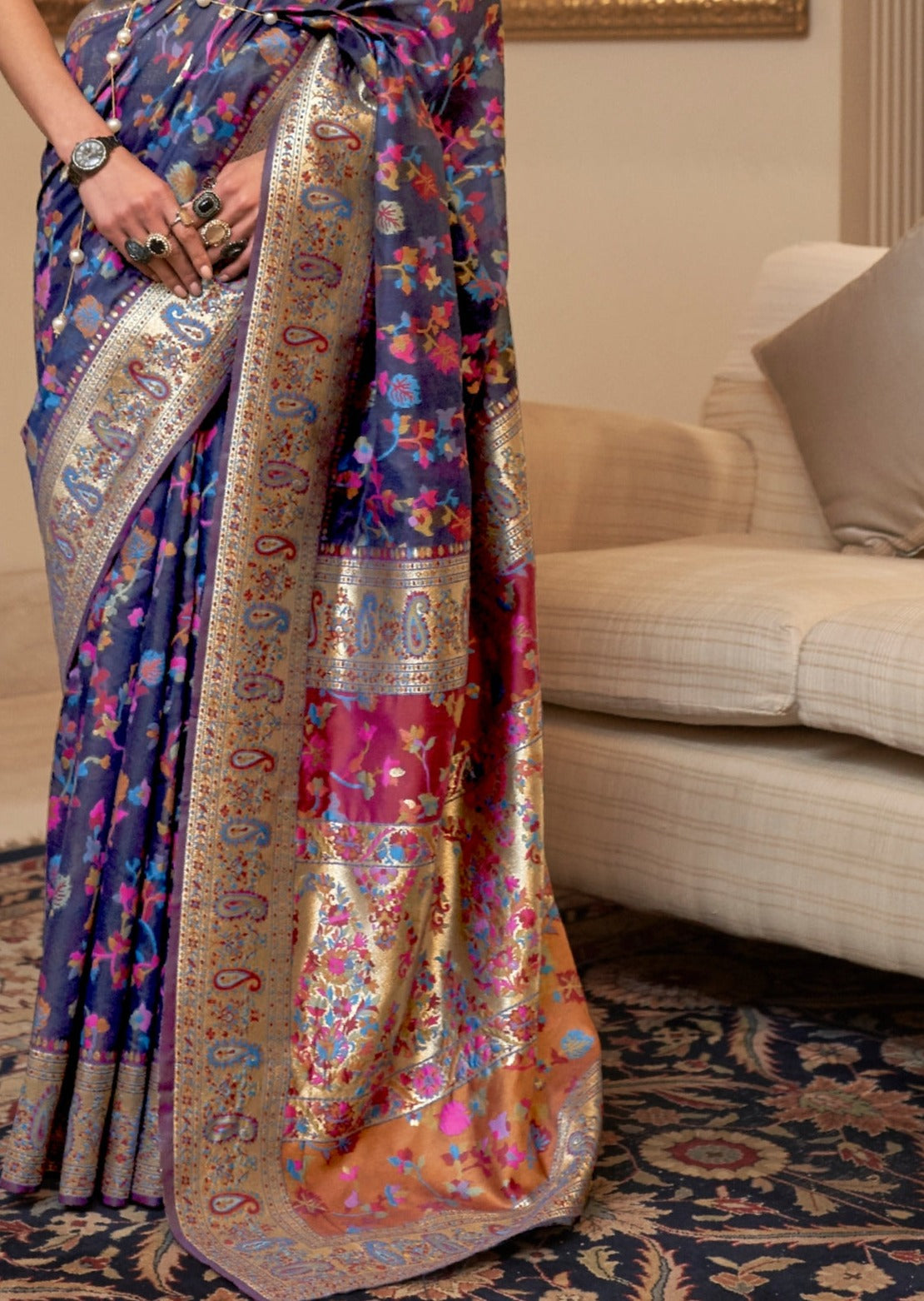 Kashmiri Pashmina Handloom Silk Blue Saree