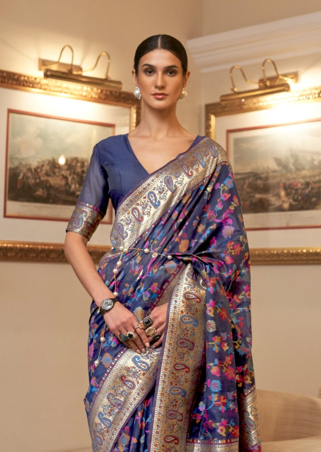Kashmiri Pashmina Handloom Silk Blue Saree