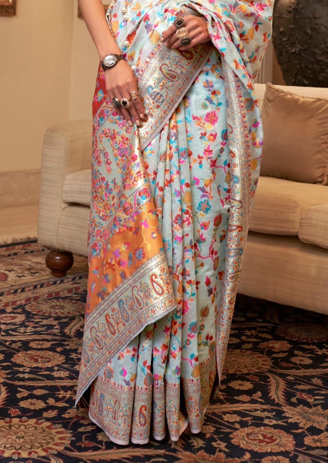 Kashmiri Pashmina Silk Pastel Blue Saree