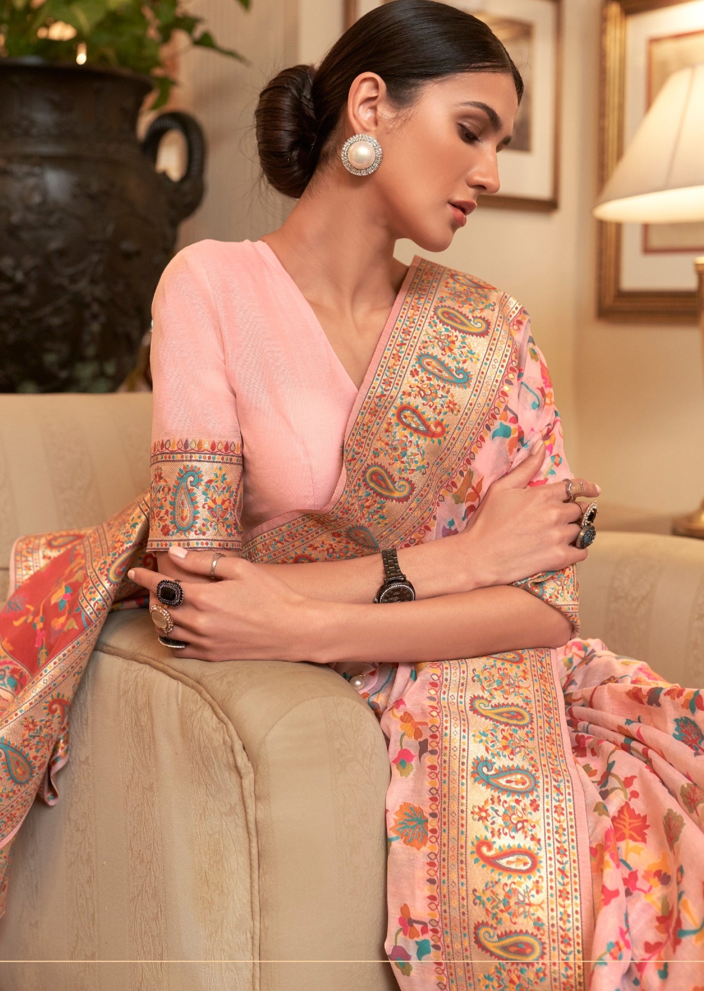Kashmiri Jamawar Rose Peach Saree with Boota Border