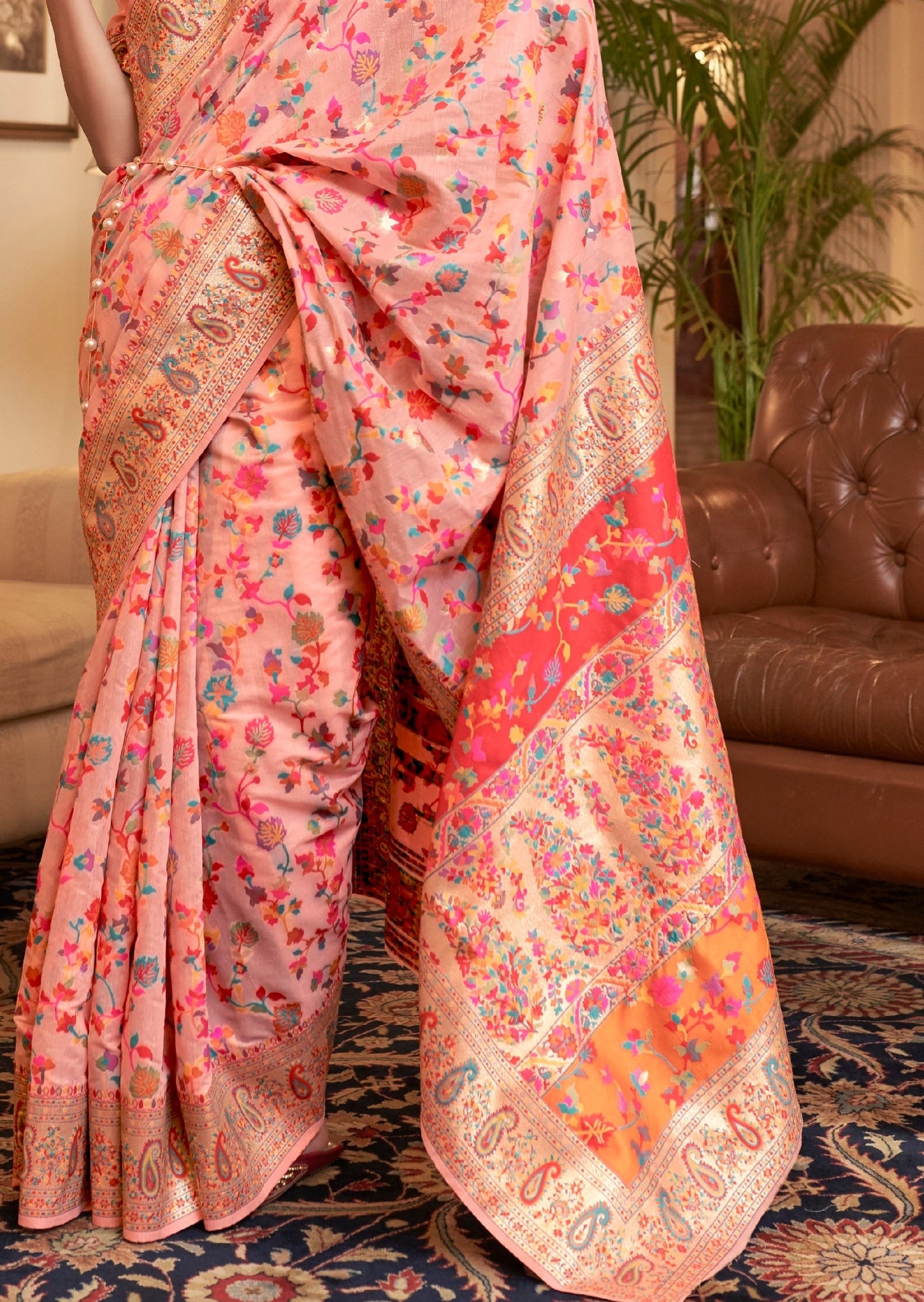 Kashmiri Jamawar Rose Peach Saree with Boota Border