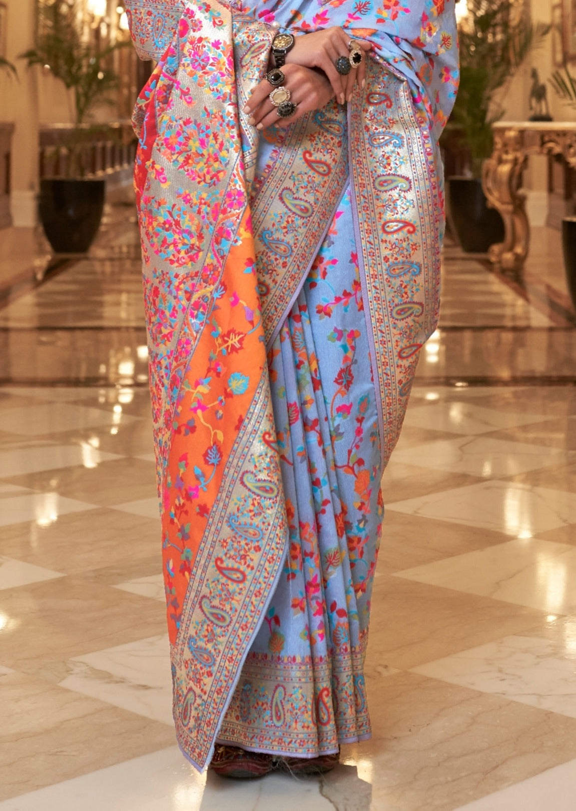 Kashmiri Jamawar Pure Silk Light Blue Saree
