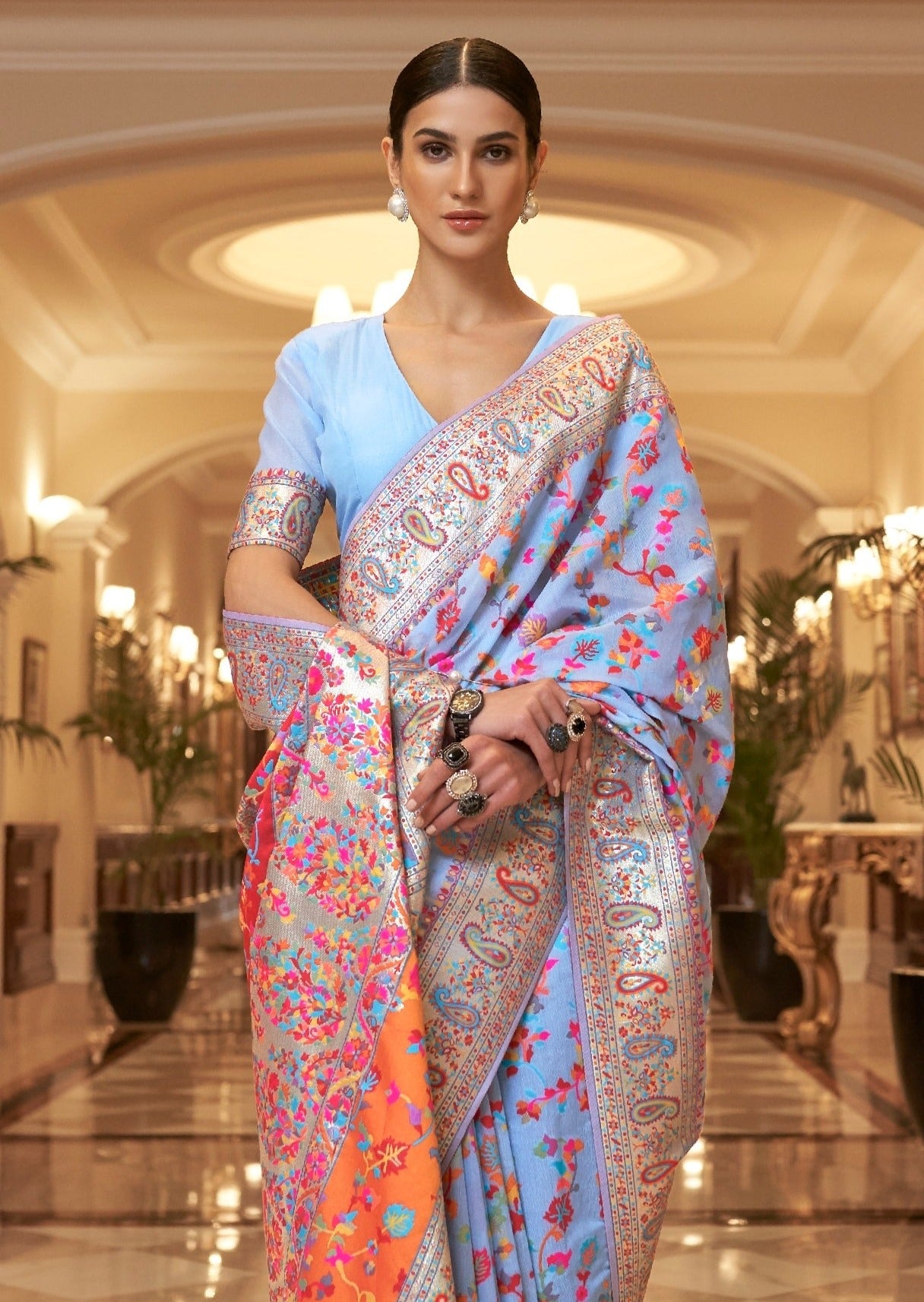 Kashmiri Jamawar Pure Silk Light Blue Saree