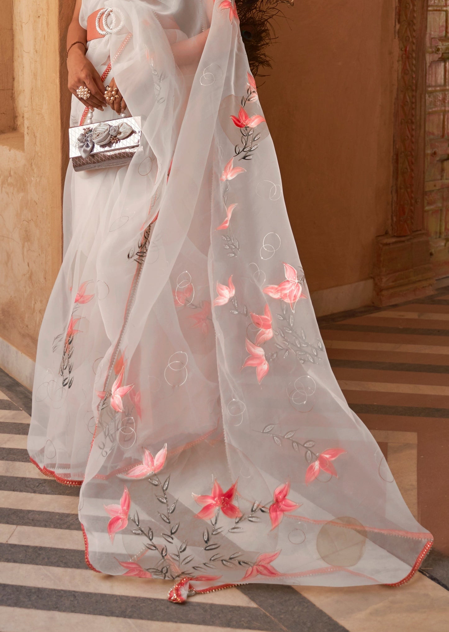 Floral Print White Organza Saree