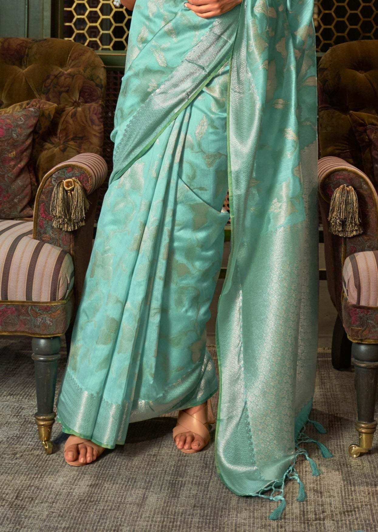 Pure Handloom Weaving Sea Green Banarasi Silk Zari Saree