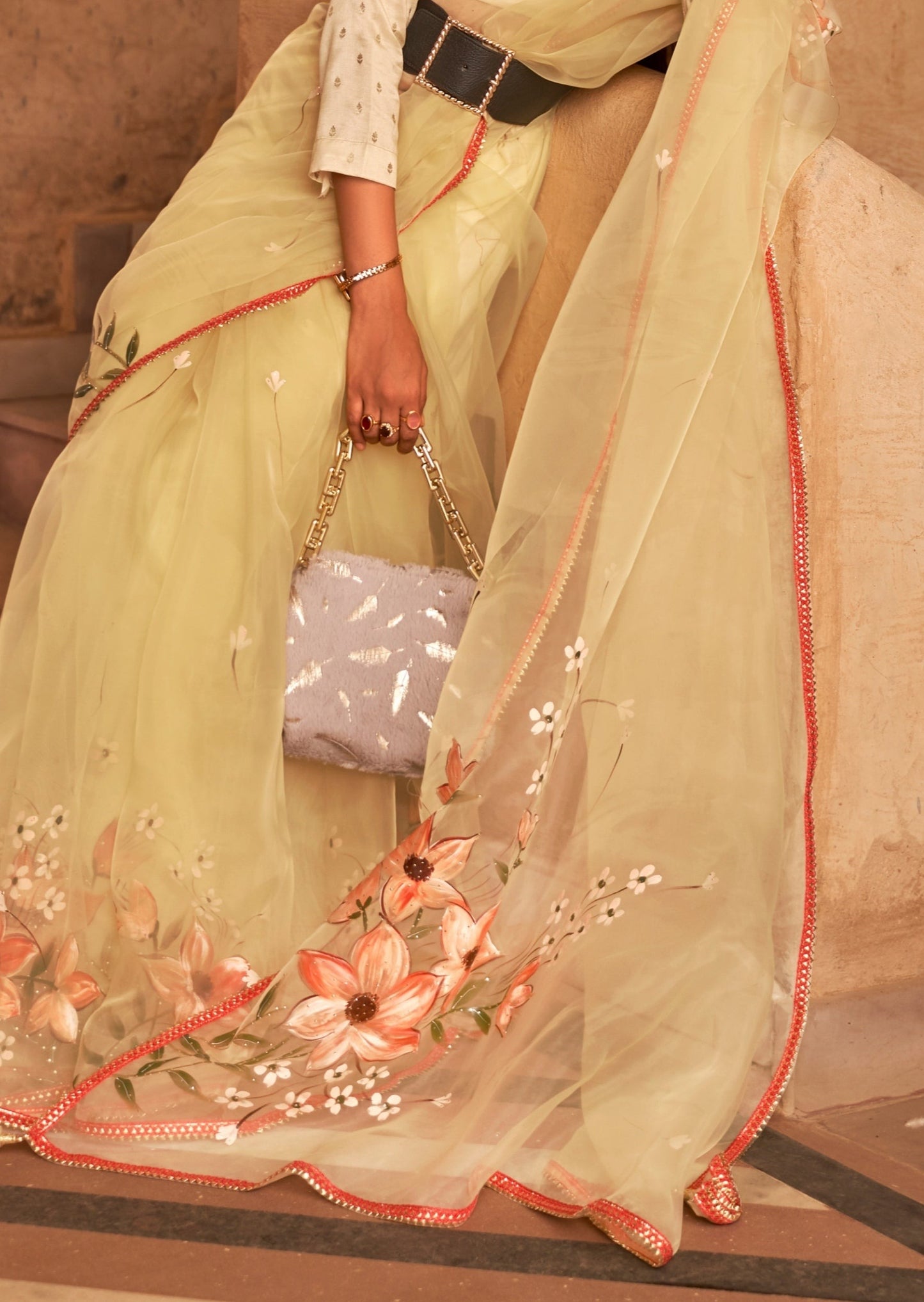 Floral Print Yellow Organza Saree with Stone Pasting