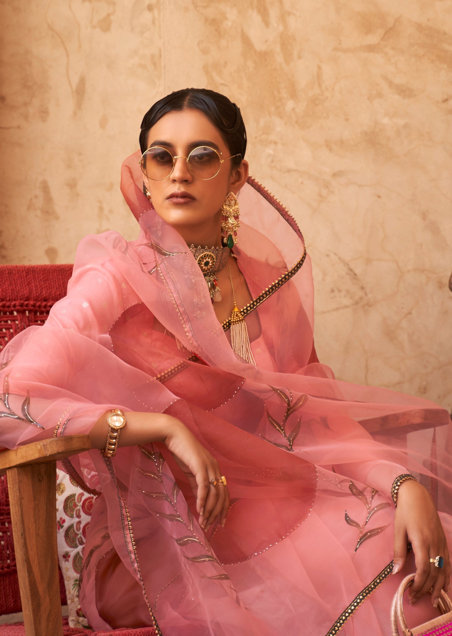 Blush Pink Floral Print Organza Saree