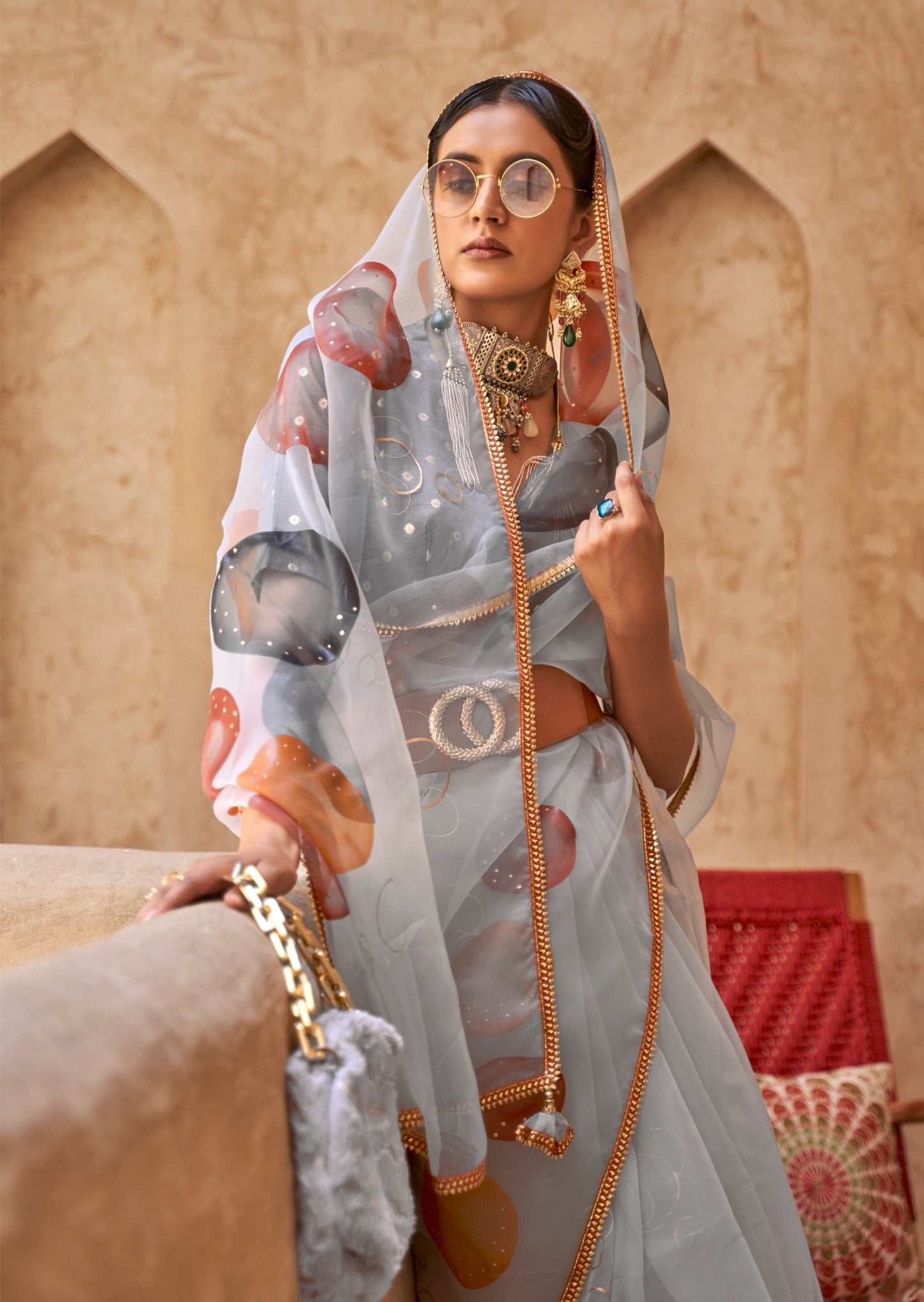 Grey Floral Print Organza Saree