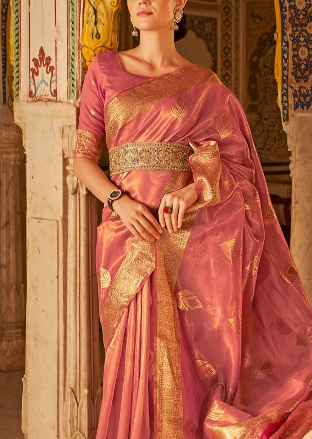 Pink Banarasi Tissue Silk Saree with Golden Border