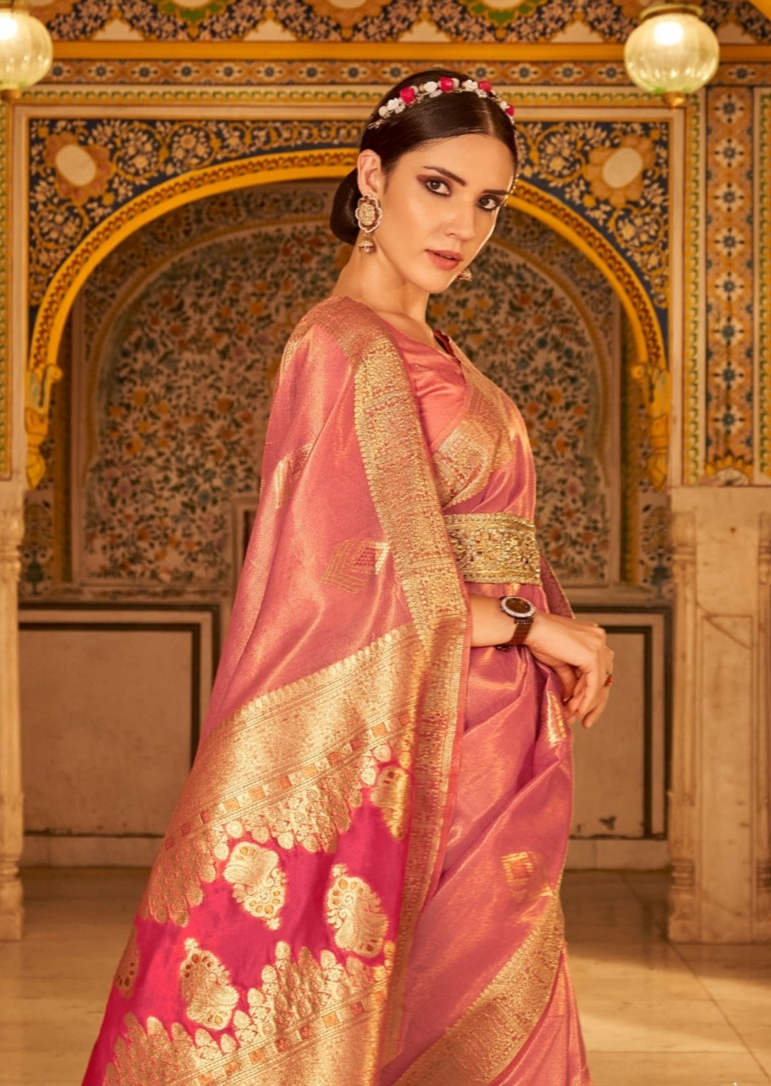 Pink Banarasi Tissue Silk Saree with Golden Border