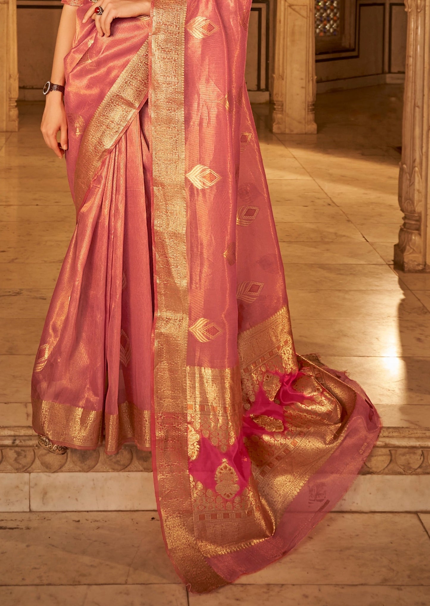 Pink Banarasi Tissue Silk Saree with Golden Border
