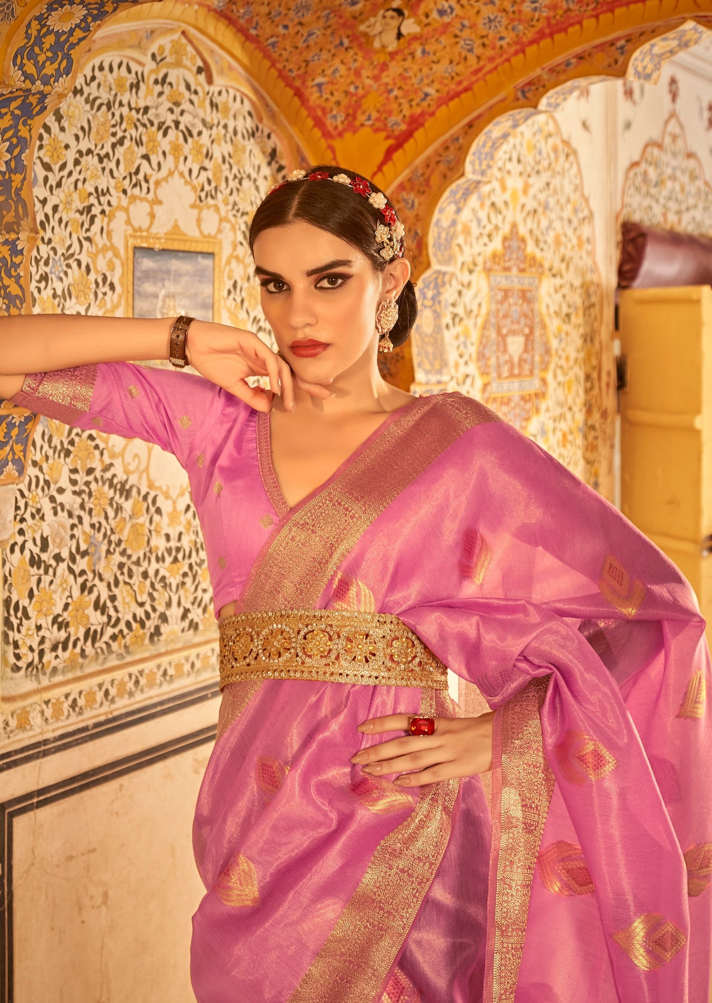 Pure Handloom Banarasi Tissue Silk Pink Saree