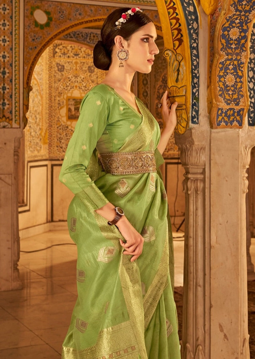 Pure Handloom Banarasi Tissue Silk Lime Green Saree