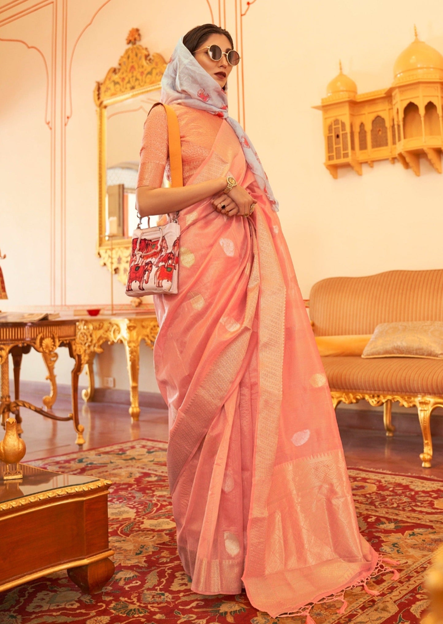 Banarasi tissue silk peach colour handloom saree online shopping.