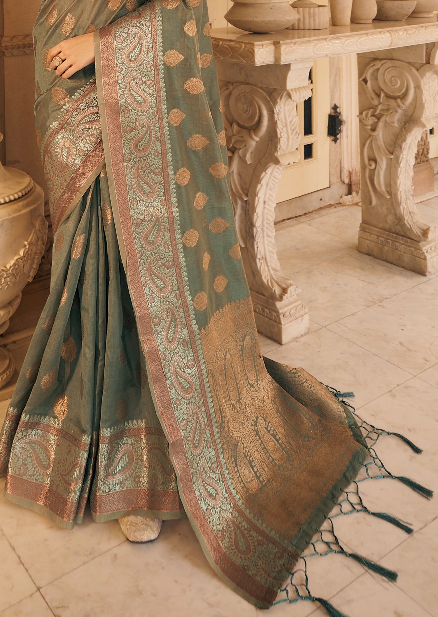 Grey Banarasi Organza Saree with Zari Booti Motifs
