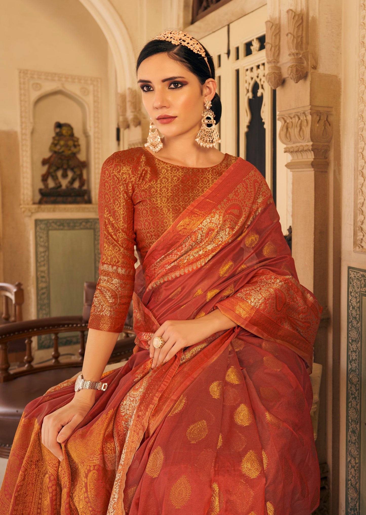 Brick Red Banarasi Organza Saree with Zari Booti Motifs