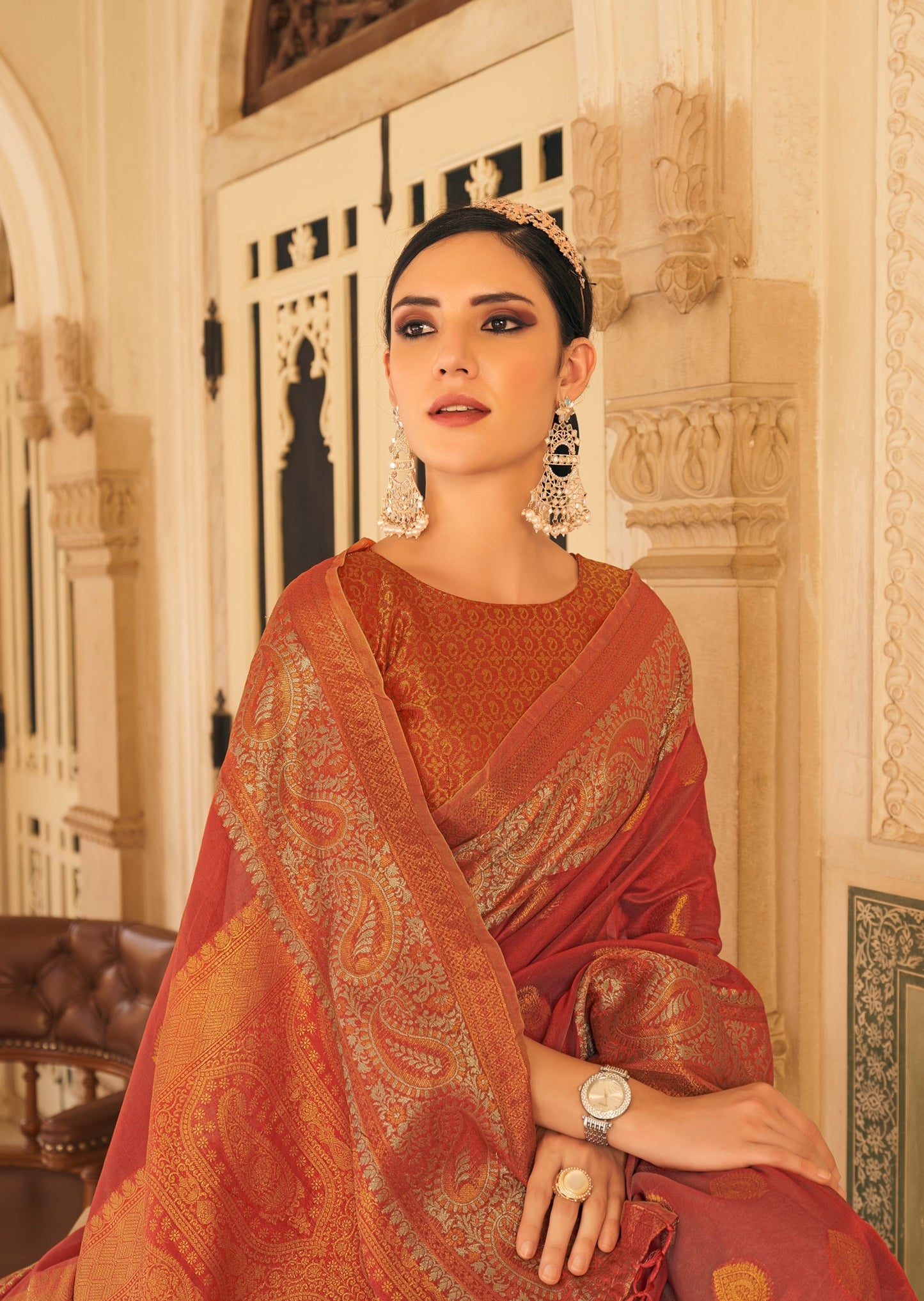 Brick Red Banarasi Organza Saree with Zari Booti Motifs