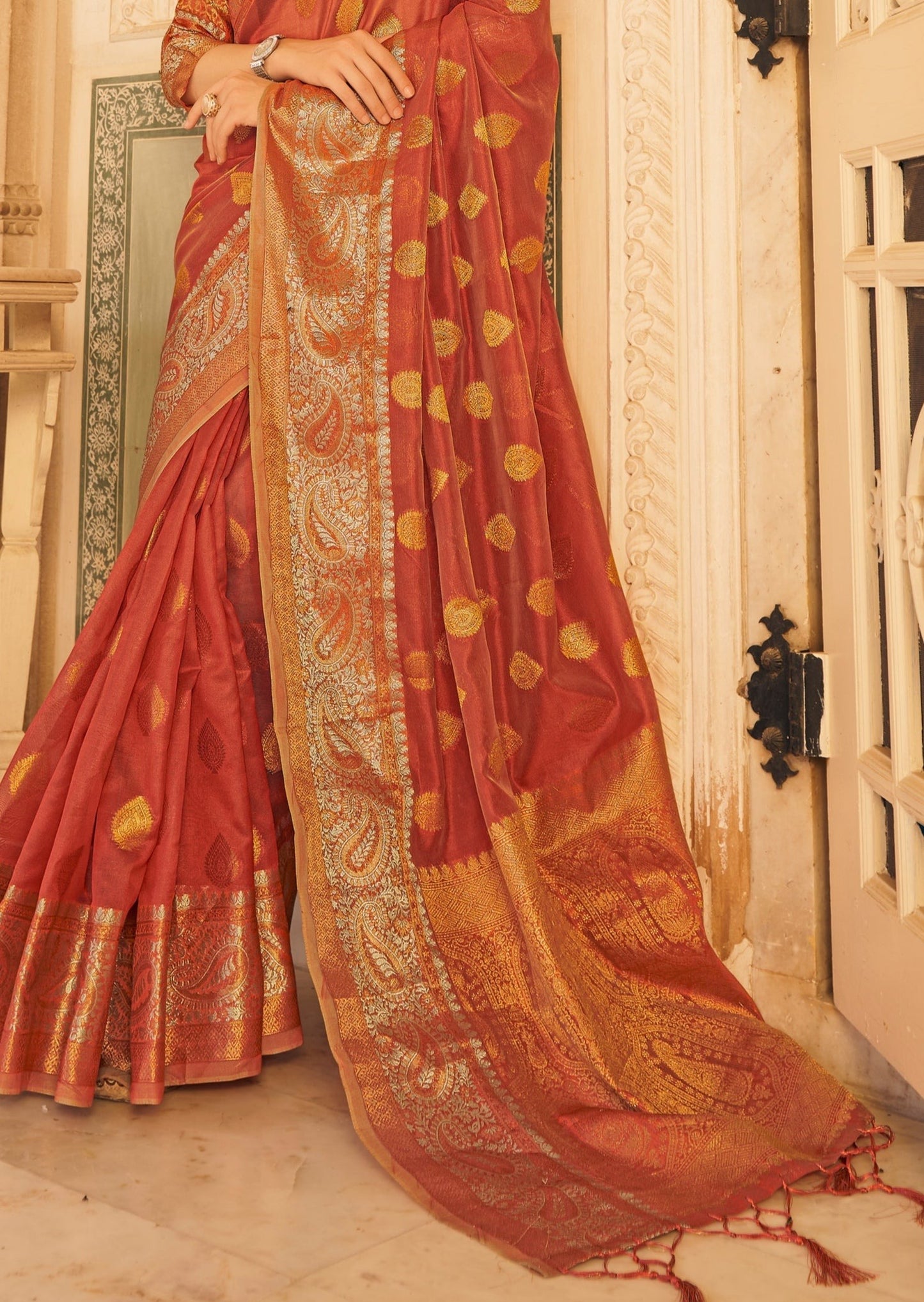 Brick Red Banarasi Organza Saree with Zari Booti Motifs