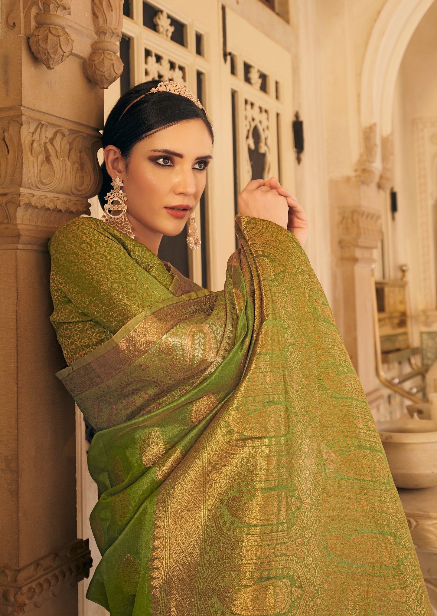 Olive Green Banarasi Organza Saree with Zari Booti Motifs