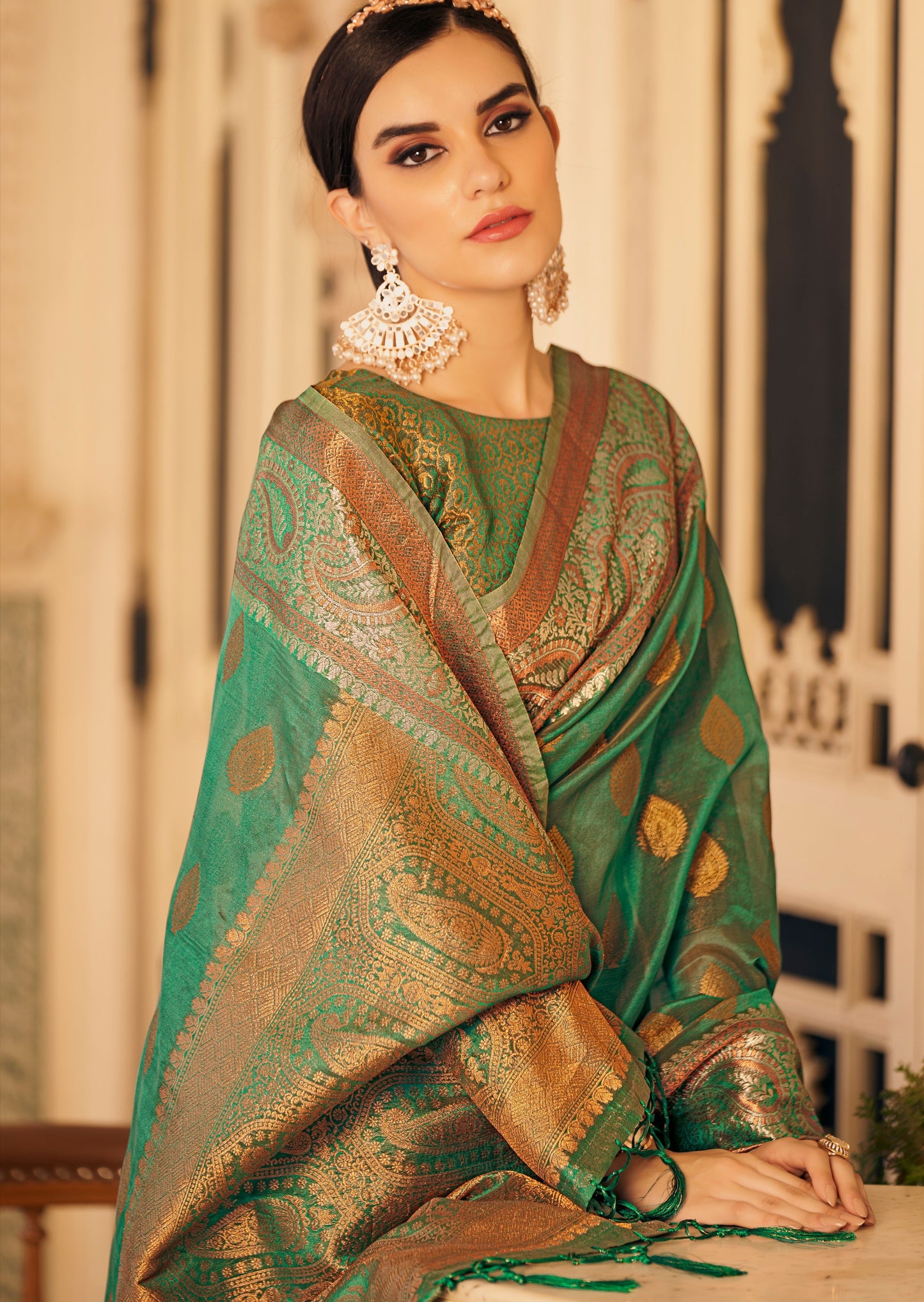 Rich Green Banarasi Organza Saree with Zari Booti Motifs