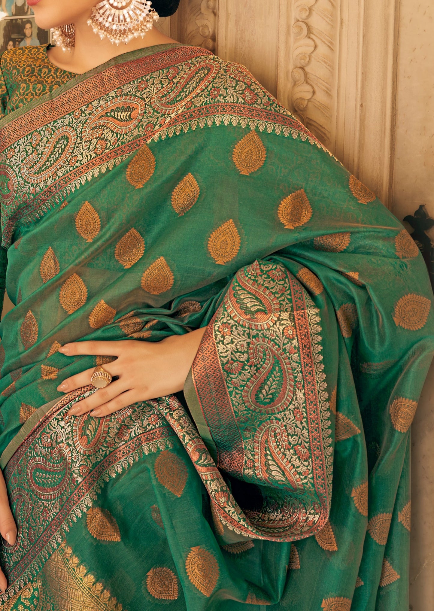 Rich Green Banarasi Organza Saree with Zari Booti Motifs