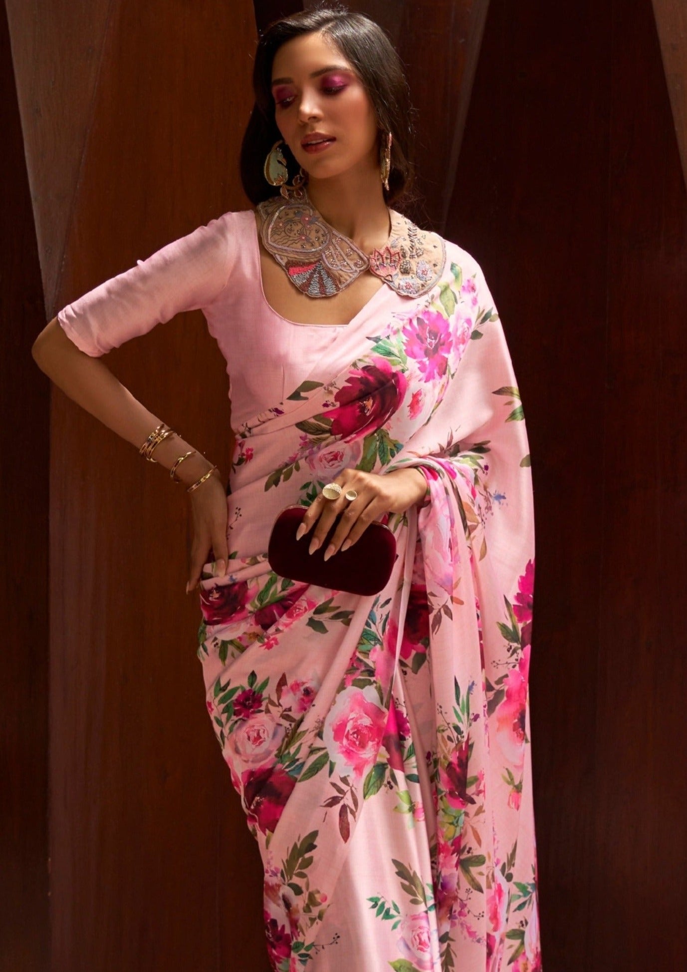 Digital Print Satin Silk Pastel Pink Saree