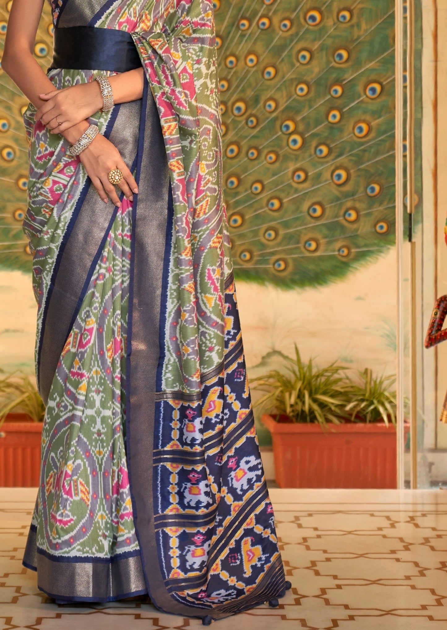 Mor Baag: Patola Ikat Olive Green Saree